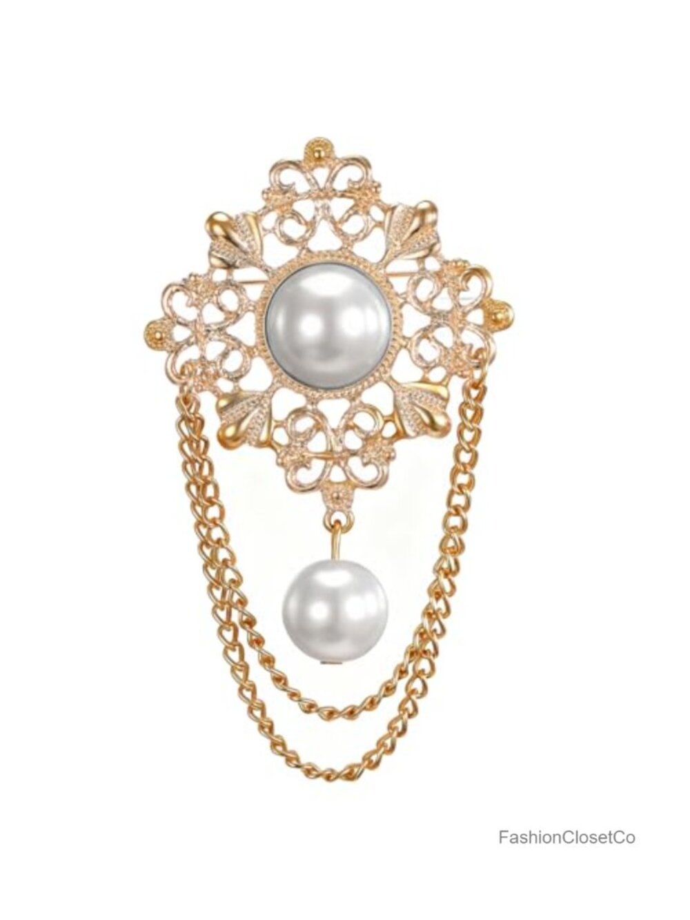 Vintage Round Pearl Filigree Flower Chain Tassel Brooch Pin